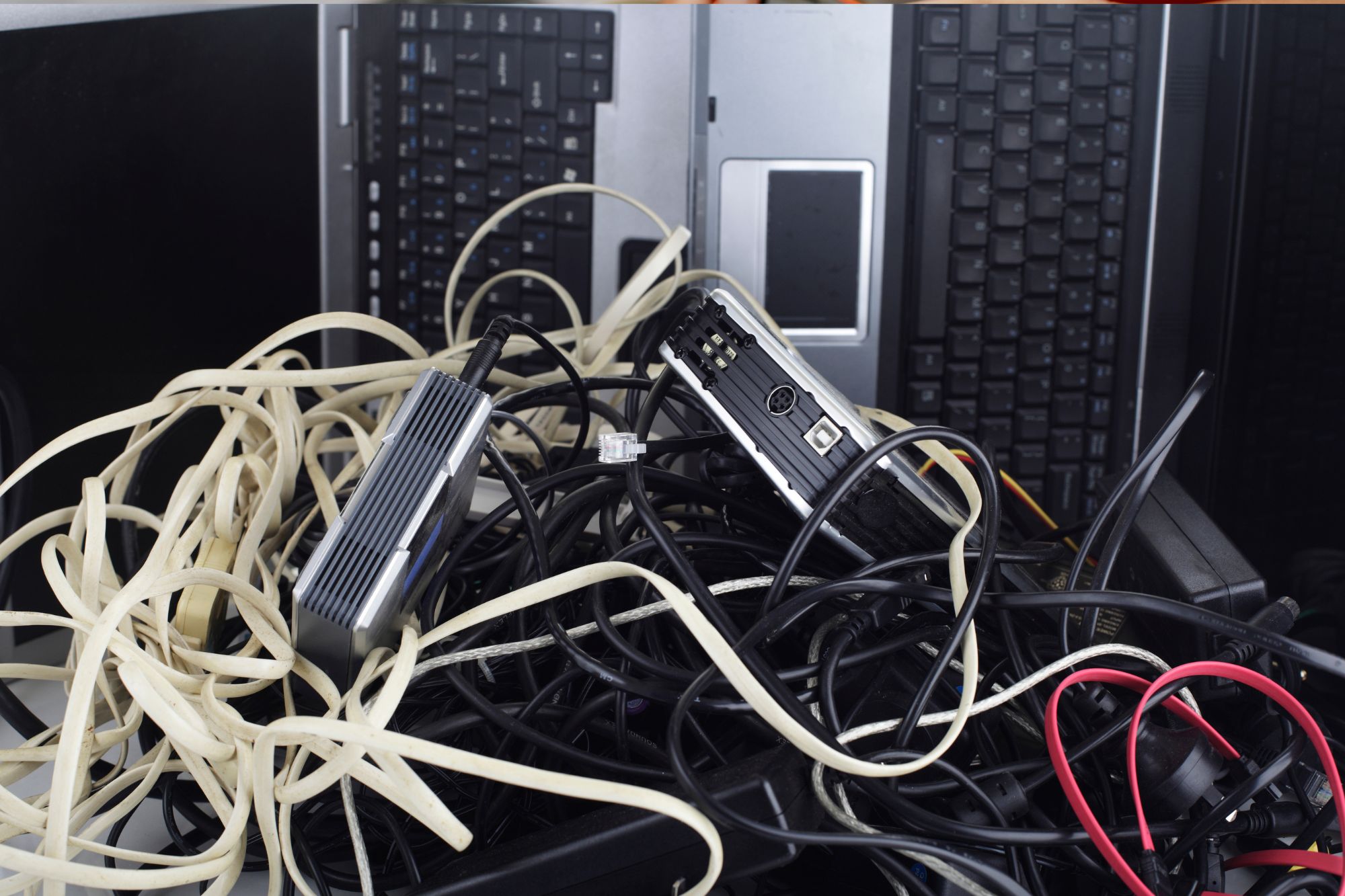 Assorted electronic accessories prepared for recycling